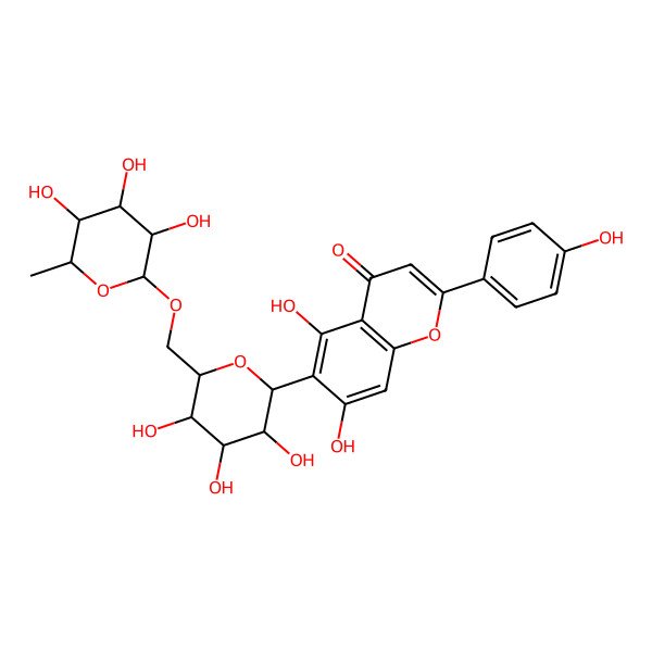 2D Structure of 5,7-dihydroxy-2-(4-hydroxyphenyl)-6-[(2S,3R,4R,5S,6R)-3,4,5-trihydroxy-6-[[(2S,3S,4S,5S,6S)-3,4,5-trihydroxy-6-methyloxan-2-yl]oxymethyl]oxan-2-yl]chromen-4-one