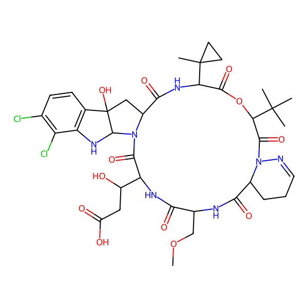 2D Structure of 3-[7-Tert-butyl-26,27-dichloro-31-hydroxy-17-(methoxymethyl)-4-(1-methylcyclopropyl)-2,5,8,15,18,21-hexaoxo-6-oxa-3,9,10,16,19,22,24-heptazapentacyclo[20.10.0.09,14.023,31.025,30]dotriaconta-10,25(30),26,28-tetraen-20-yl]-3-hydroxypropanoic acid