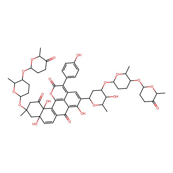 2D Structure of 3,8,14-Trihydroxy-15-[5-hydroxy-6-methyl-4-[6-methyl-5-(6-methyl-5-oxooxan-2-yl)oxyoxan-2-yl]oxyoxan-2-yl]-18-(4-hydroxyphenyl)-6-methyl-6-[6-methyl-5-(6-methyl-5-oxooxan-2-yl)oxyoxan-2-yl]oxy-20-oxapentacyclo[11.7.1.02,11.03,8.017,21]henicosa-1(21),2(11),9,13,15,17-hexaene-4,12,19-trione