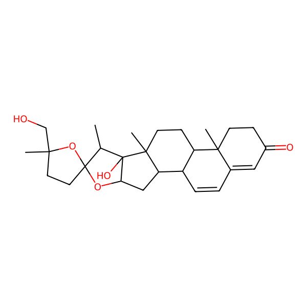 2D Structure of 8-Hydroxy-5'-(hydroxymethyl)-5',7,9,13-tetramethylspiro[5-oxapentacyclo[10.8.0.02,9.04,8.013,18]icosa-17,19-diene-6,2'-oxolane]-16-one