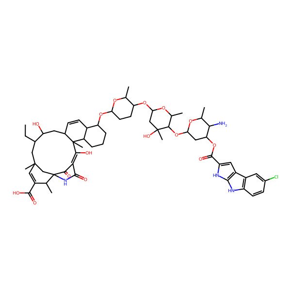 2D Structure of 11-[(2S,5S,6S)-5-[(2S,4S,5R,6R)-5-[(2S,4R,5S,6R)-5-amino-4-(7-chloro-3,4-dihydropyrrolo[2,3-b]indole-2-carbonyl)oxy-6-methyloxan-2-yl]oxy-4-hydroxy-4,6-dimethyloxan-2-yl]oxy-6-methyloxan-2-yl]oxy-18-ethyl-5,17-dihydroxy-6,20,23-trimethyl-3,25-dioxo-2-azapentacyclo[18.3.1.11,4.06,15.07,12]pentacosa-4,13,21-triene-22-carboxylic acid