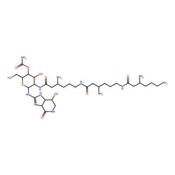 2D Structure of [(2R,3S,4R,5R,6R)-6-[[(3aS,7R,7aS)-7-hydroxy-4-oxo-1,3a,5,6,7,7a-hexahydroimidazo[4,5-c]pyridin-2-yl]amino]-5-[[(3S)-3-amino-6-[[(3S)-3-amino-6-[[(3S)-3,6-diaminohexanoyl]amino]hexanoyl]amino]hexanoyl]amino]-4-hydroxy-2-(hydroxymethyl)oxan-3-yl] carbamate