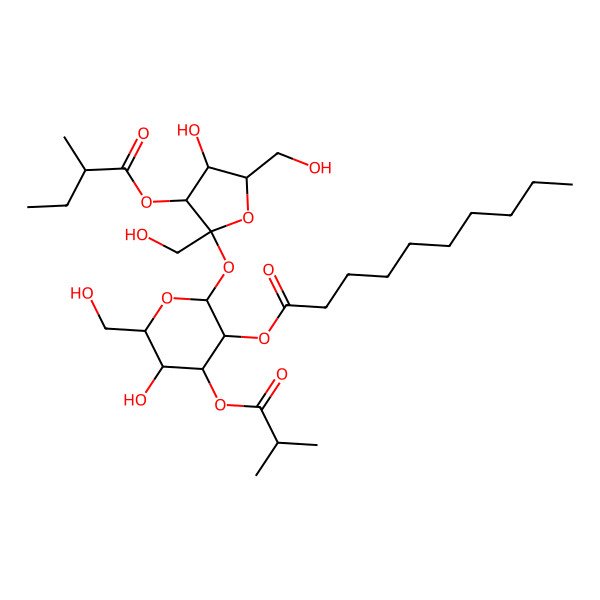 2D Structure of [(2R,3R,4S,5R,6R)-5-hydroxy-2-[(2S,3S,4R,5R)-4-hydroxy-2,5-bis(hydroxymethyl)-3-[(2S)-2-methylbutanoyl]oxyoxolan-2-yl]oxy-6-(hydroxymethyl)-4-(2-methylpropanoyloxy)oxan-3-yl] decanoate