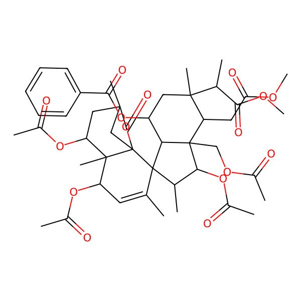 2D Structure of [(1S,1'S,2R,3S,3aS,4R,5'S,6S,6'R,7R,7'S,7aS,9'R)-1,5',7'-triacetyloxy-7a-(acetyloxymethyl)-7-(2-methoxy-2-oxoethyl)-6-[(2R)-1-methoxy-1-oxopropan-2-yl]-2,3',6,6',9'-pentamethyl-10'-oxospiro[1,2,3a,4,5,7-hexahydroindene-3,2'-11-oxatricyclo[7.2.1.01,6]dodec-3-ene]-4-yl] benzoate
