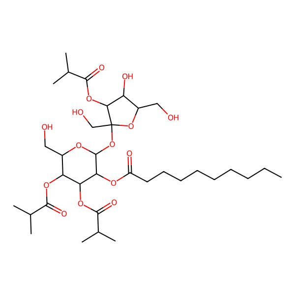 2D Structure of [(2R,3R,4S,5R,6R)-2-[(2S,3R,4S,5S)-4-hydroxy-2,5-bis(hydroxymethyl)-3-(2-methylpropanoyloxy)oxolan-2-yl]oxy-6-(hydroxymethyl)-4,5-bis(2-methylpropanoyloxy)oxan-3-yl] decanoate