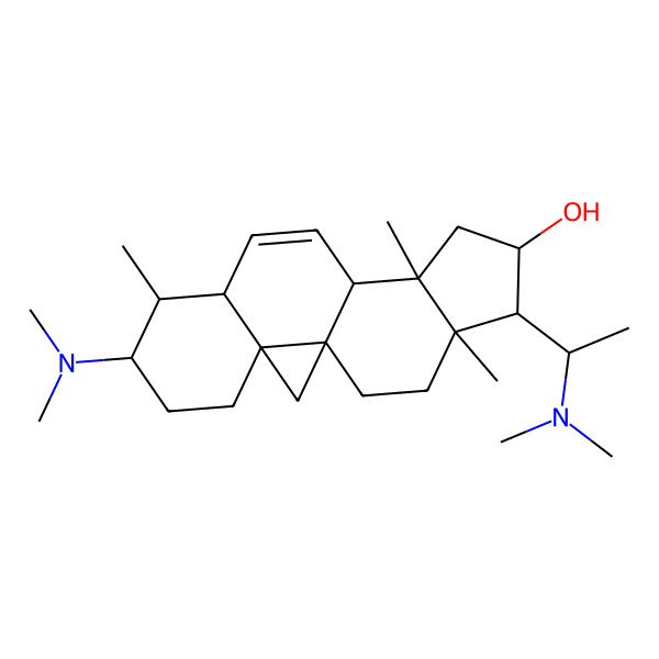 2D Structure of (1S,3R,6S,7S,8S,11S,12S,14R,15S,16R)-6-(dimethylamino)-15-[(1S)-1-(dimethylamino)ethyl]-7,12,16-trimethylpentacyclo[9.7.0.01,3.03,8.012,16]octadec-9-en-14-ol