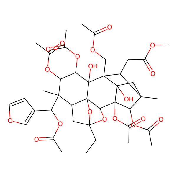 2D Structure of methyl 2-[(1S,2S,3R,5S,7R,8R,9R,10R,11R,12S,13S,14R,16R,17S)-1,9,10,17-tetraacetyloxy-8-[(S)-acetyloxy(furan-3-yl)methyl]-12-(acetyloxymethyl)-5-ethyl-11,16-dihydroxy-8,14-dimethyl-4,18-dioxahexacyclo[12.2.1.12,5.03,7.03,11.012,16]octadecan-13-yl]acetate