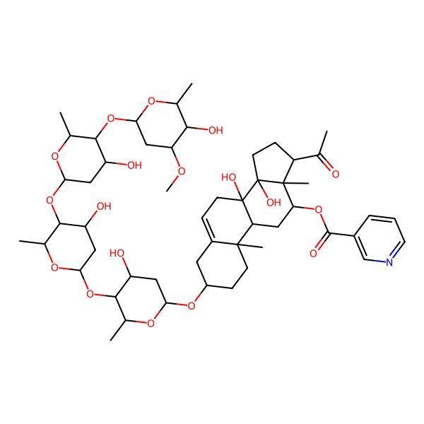 2D Structure of [(3S,8R,9R,10R,12S,13S,14S,17S)-17-acetyl-8,14-dihydroxy-3-[(2R,4R,5S,6R)-4-hydroxy-5-[(2S,4S,5R,6S)-4-hydroxy-5-[(2R,4R,5S,6S)-4-hydroxy-5-[(2R,4R,5R,6S)-5-hydroxy-4-methoxy-6-methyloxan-2-yl]oxy-6-methyloxan-2-yl]oxy-6-methyloxan-2-yl]oxy-6-methyloxan-2-yl]oxy-10,13-dimethyl-2,3,4,7,9,11,12,15,16,17-decahydro-1H-cyclopenta[a]phenanthren-12-yl] pyridine-3-carboxylate