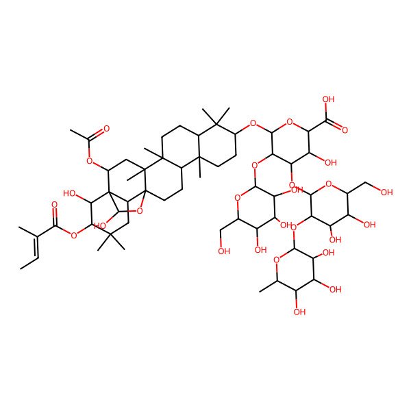 2D Structure of (2S,3S,4S,5R,6R)-6-[[(1S,2R,4S,5R,8R,10S,13R,14R,17S,18R,21R,22R,23S)-2-acetyloxy-22,23-dihydroxy-4,5,9,9,13,20,20-heptamethyl-21-[(Z)-2-methylbut-2-enoyl]oxy-24-oxahexacyclo[15.5.2.01,18.04,17.05,14.08,13]tetracosan-10-yl]oxy]-4-[(2S,3R,4S,5R,6R)-4,5-dihydroxy-6-(hydroxymethyl)-3-[(2S,3R,4R,5R,6S)-3,4,5-trihydroxy-6-methyloxan-2-yl]oxyoxan-2-yl]oxy-3-hydroxy-5-[(2S,3R,4S,5R,6R)-3,4,5-trihydroxy-6-(hydroxymethyl)oxan-2-yl]oxyoxane-2-carboxylic acid