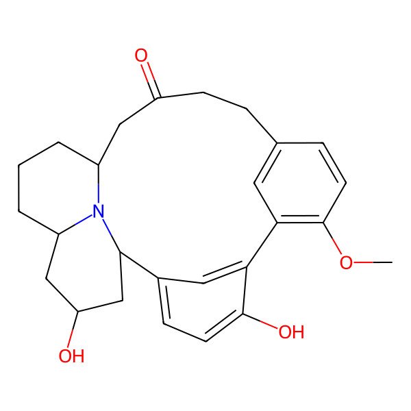 2D Structure of 5,22-Dihydroxy-8-methoxy-24-azapentacyclo[14.7.1.12,6.17,11.020,24]hexacosa-2(26),3,5,7,9,11(25)-hexaen-14-one