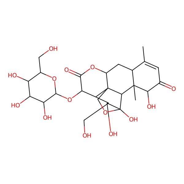 2D Structure of 4,5,17-Trihydroxy-6-(hydroxymethyl)-14,18-dimethyl-8-[3,4,5-trihydroxy-6-(hydroxymethyl)oxan-2-yl]oxy-3,10-dioxapentacyclo[9.8.0.01,7.04,19.013,18]nonadec-14-ene-9,16-dione