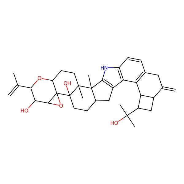 2D Structure of 22-(2-Hydroxypropan-2-yl)-2,3-dimethyl-25-methylidene-8-prop-1-en-2-yl-7,11-dioxa-31-azanonacyclo[16.13.0.02,16.03,13.06,12.010,12.019,30.020,27.021,24]hentriaconta-1(18),19(30),20(27),28-tetraene-9,13-diol
