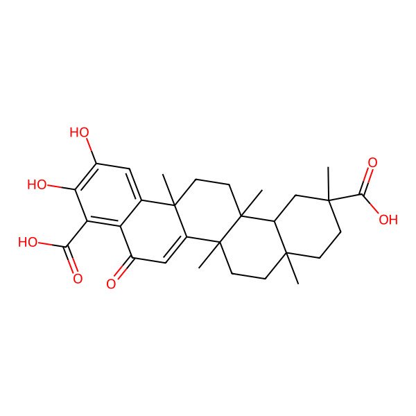 2D Structure of 10,11-Dihydroxy-2,4a,6a,6a,14a-pentamethyl-8-oxo-1,3,4,5,6,13,14,14b-octahydropicene-2,9-dicarboxylic acid 2D Structure of 10,11-Dihydroxy-2,4a,6a,6a,14a-pentamethyl-8-oxo-1,3,4,5,6,13,14,14b-octahydropicene-2,9-dicarboxylic acid
