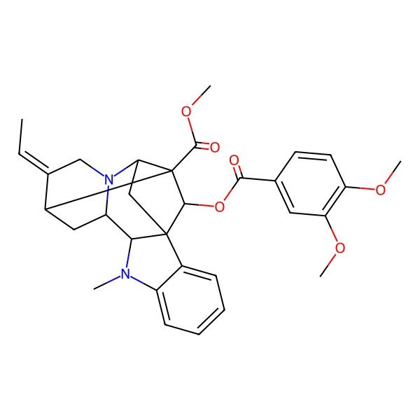 2D Structure of methyl (1R,9S,10S,12S,13Z,16S,17S)-18-(3,4-dimethoxybenzoyl)oxy-13-ethylidene-8-methyl-8,15-diazahexacyclo[14.2.1.01,9.02,7.010,15.012,17]nonadeca-2,4,6-triene-17-carboxylate