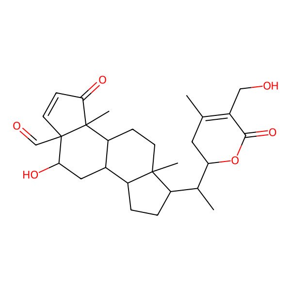 2D Structure of (3aR,3bS,5aS,6R,8aS,8bS,10R,10aS)-10-hydroxy-6-[(1S)-1-[(2R)-5-(hydroxymethyl)-4-methyl-6-oxo-2,3-dihydropyran-2-yl]ethyl]-3a,5a-dimethyl-3-oxo-3b,4,5,6,7,8,8a,8b,9,10-decahydroindeno[6,7-e]indene-10a-carbaldehyde