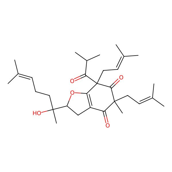2D Structure of 2-(2-Hydroxy-6-methylhept-5-en-2-yl)-5-methyl-5,7-bis(3-methylbut-2-enyl)-7-(2-methylpropanoyl)-2,3-dihydro-1-benzofuran-4,6-dione 2D Structure of 2-(2-Hydroxy-6-methylhept-5-en-2-yl)-5-methyl-5,7-bis(3-methylbut-2-enyl)-7-(2-methylpropanoyl)-2,3-dihydro-1-benzofuran-4,6-dione