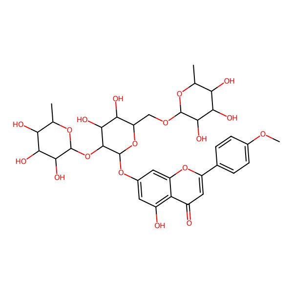 2D Structure of 7-[(2S,3R,4S,5S,6R)-4,5-dihydroxy-3-[(2R,3R,4R,5R,6S)-3,4,5-trihydroxy-6-methyloxan-2-yl]oxy-6-[[(2R,3R,4R,5R,6S)-3,4,5-trihydroxy-6-methyloxan-2-yl]oxymethyl]oxan-2-yl]oxy-5-hydroxy-2-(4-methoxyphenyl)chromen-4-one