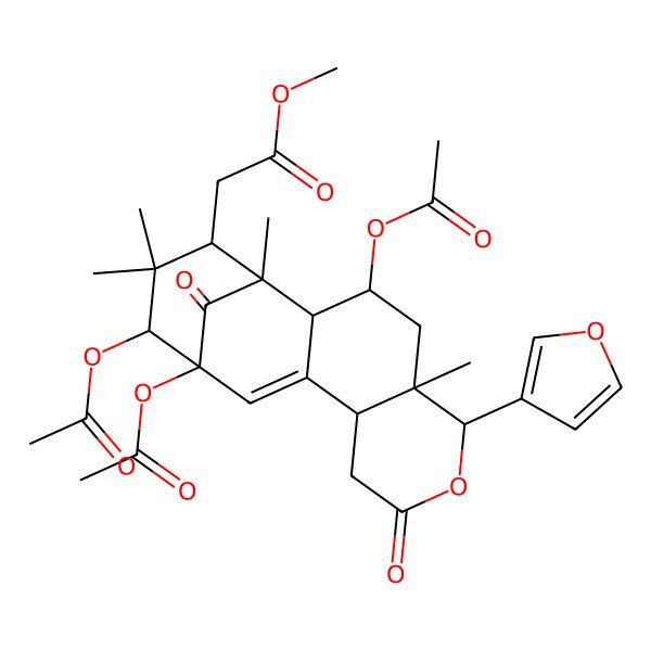 2D Structure of Methyl 2-[3,13,14-triacetyloxy-6-(furan-3-yl)-1,5,15,15-tetramethyl-8,17-dioxo-7-oxatetracyclo[11.3.1.02,11.05,10]heptadec-11-en-16-yl]acetate