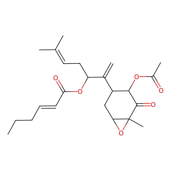 2D Structure of [(3S)-2-[(1R,3R,4R,6R)-4-acetyloxy-6-methyl-5-oxo-7-oxabicyclo[4.1.0]heptan-3-yl]-6-methylhepta-1,5-dien-3-yl] (Z)-hex-2-enoate