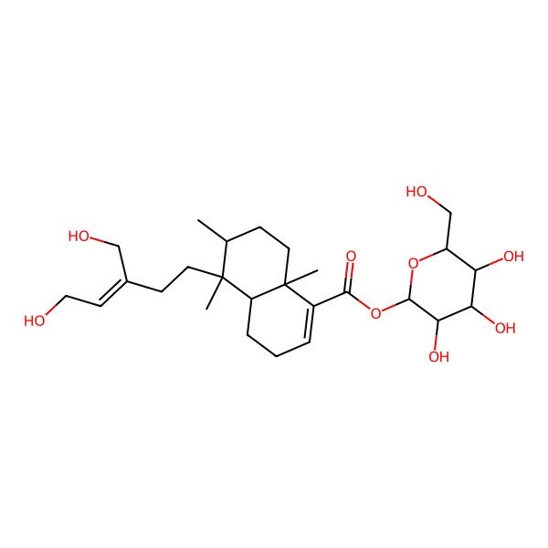 2D Structure of [(2S,3R,4S,5S,6R)-3,4,5-trihydroxy-6-(hydroxymethyl)oxan-2-yl] (4aR,5S,6R,8aR)-5-[(E)-5-hydroxy-3-(hydroxymethyl)pent-3-enyl]-5,6,8a-trimethyl-3,4,4a,6,7,8-hexahydronaphthalene-1-carboxylate