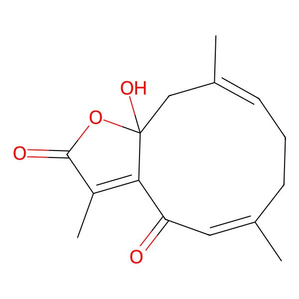 2D Structure of 11a-hydroxy-3,6,10-trimethyl-8,11-dihydro-7H-cyclodeca[b]furan-2,4-dione