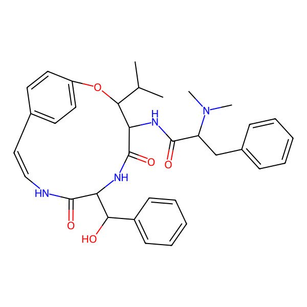 2D Structure of (2S)-2-(dimethylamino)-N-[(3S,4S,7S,10Z)-7-[(R)-hydroxy(phenyl)methyl]-5,8-dioxo-3-propan-2-yl-2-oxa-6,9-diazabicyclo[10.2.2]hexadeca-1(14),10,12,15-tetraen-4-yl]-3-phenylpropanamide