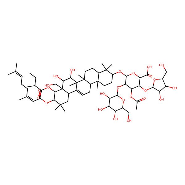 2D Structure of (2S,3S,4S,5R,6R)-6-[[(3S,4aR,6aR,6bS,7R,8S,8aR,9R,10R,12aS,14aR,14bR)-10-[(2Z)-3,7-dimethylocta-2,6-dienoyl]oxy-7,8-dihydroxy-8a-(hydroxymethyl)-4,4,6a,6b,11,11,14b-heptamethyl-9-[(2R)-2-methylbutanoyl]oxy-1,2,3,4a,5,6,7,8,9,10,12,12a,14,14a-tetradecahydropicen-3-yl]oxy]-4-acetyloxy-3-[(2S,3R,4R,5S)-3,4-dihydroxy-5-(hydroxymethyl)oxolan-2-yl]oxy-5-[(2S,3R,4S,5S,6R)-3,4,5-trihydroxy-6-(hydroxymethyl)oxan-2-yl]oxyoxane-2-carboxylic acid