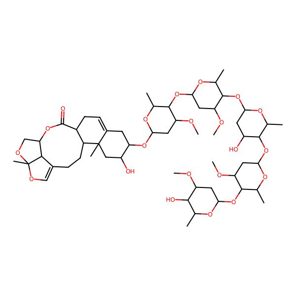 2D Structure of 7-Hydroxy-8-[5-[5-[4-hydroxy-5-[5-(5-hydroxy-4-methoxy-6-methyloxan-2-yl)oxy-4-methoxy-6-methyloxan-2-yl]oxy-6-methyloxan-2-yl]oxy-4-methoxy-6-methyloxan-2-yl]oxy-4-methoxy-6-methyloxan-2-yl]oxy-5,19-dimethyl-15,18,20-trioxapentacyclo[14.5.1.04,13.05,10.019,22]docosa-1(21),10-dien-14-one