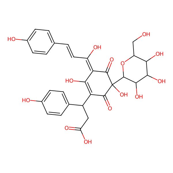 2D Structure of 3-[2,5-dihydroxy-3-[(E)-1-hydroxy-3-(4-hydroxyphenyl)prop-2-enylidene]-4,6-dioxo-5-[(2R,3R,4S,5S,6R)-3,4,5-trihydroxy-6-(hydroxymethyl)oxan-2-yl]cyclohexen-1-yl]-3-(4-hydroxyphenyl)propanoic acid