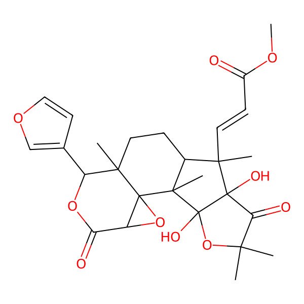 2D Structure of Methyl 3-[7-(furan-3-yl)-13,17-dihydroxy-1,8,12,15,15-pentamethyl-5,14-dioxo-3,6,16-trioxapentacyclo[9.6.0.02,4.02,8.013,17]heptadecan-12-yl]prop-2-enoate