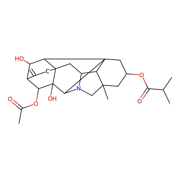 2D Structure of [(1S,3S,5S,8S,9R,10R,11R,14R,16S,17R,18S,19S)-10-acetyloxy-9,19-dihydroxy-5-methyl-12-methylidene-7-azaheptacyclo[9.6.2.01,8.05,17.07,16.09,14.014,18]nonadecan-3-yl] 2-methylpropanoate