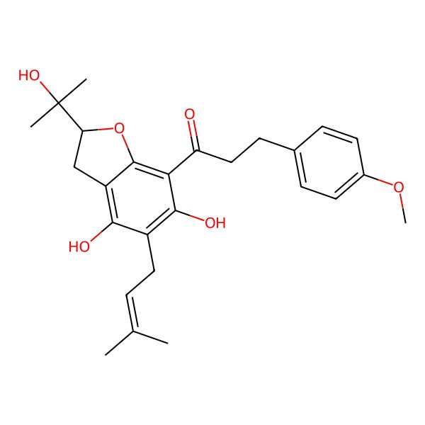 2D Structure of 1-[(2S)-4,6-dihydroxy-2-(2-hydroxypropan-2-yl)-5-(3-methylbut-2-enyl)-2,3-dihydro-1-benzofuran-7-yl]-3-(4-methoxyphenyl)propan-1-one
