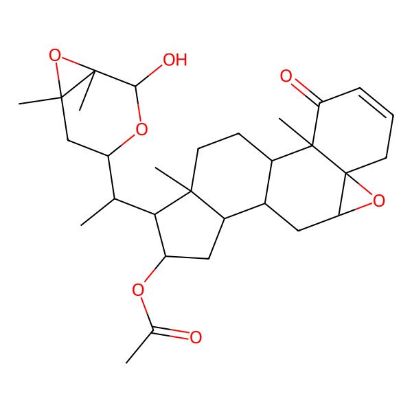 2D Structure of [15-[1-(2-Hydroxy-1,6-dimethyl-3,7-dioxabicyclo[4.1.0]heptan-4-yl)ethyl]-2,16-dimethyl-3-oxo-8-oxapentacyclo[9.7.0.02,7.07,9.012,16]octadec-4-en-14-yl] acetate