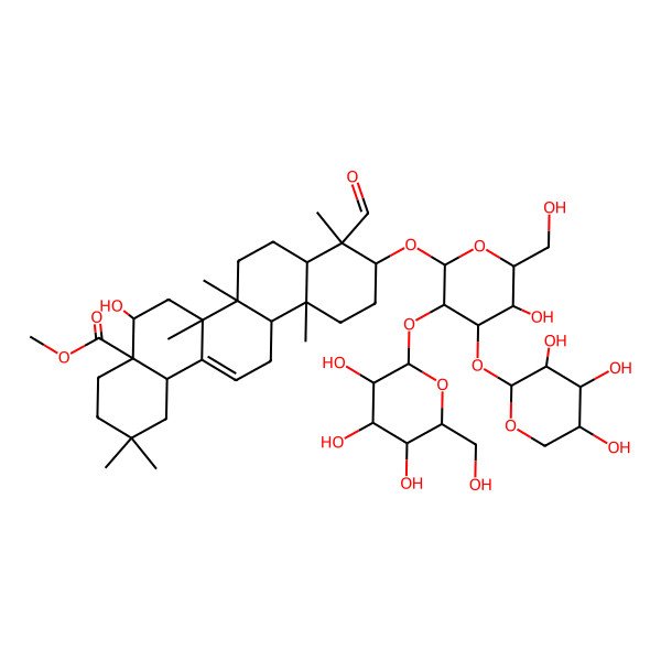 2D Structure of Methyl 9-formyl-5-hydroxy-10-[5-hydroxy-6-(hydroxymethyl)-3-[3,4,5-trihydroxy-6-(hydroxymethyl)oxan-2-yl]oxy-4-(3,4,5-trihydroxyoxan-2-yl)oxyoxan-2-yl]oxy-2,2,6a,6b,9,12a-hexamethyl-1,3,4,5,6,6a,7,8,8a,10,11,12,13,14b-tetradecahydropicene-4a-carboxylate
