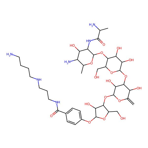 2D Structure of 4-[(2S,3S,4R,5S)-4-[(2R,3R,4R,5R)-4-[(2S,3R,4R,5R,6S)-5-[(2R,3R,4S,5R,6R)-5-amino-3-[[(2R)-2-aminopropanoyl]amino]-4-hydroxy-6-methyloxan-2-yl]oxy-3,4-dihydroxy-6-(hydroxymethyl)oxan-2-yl]oxy-3,5-dihydroxy-6-methylideneoxan-2-yl]oxy-3-hydroxy-5-(hydroxymethyl)oxolan-2-yl]oxy-N-[3-(4-aminobutylamino)propyl]benzamide