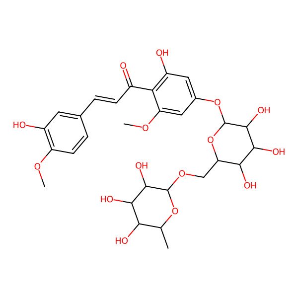 2D Structure of (E)-3-(3-hydroxy-4-methoxyphenyl)-1-[2-hydroxy-6-methoxy-4-[(3R,4S,5S,6R)-3,4,5-trihydroxy-6-[[(2S,3R,4R,5R,6S)-3,4,5-trihydroxy-6-methyloxan-2-yl]oxymethyl]oxan-2-yl]oxyphenyl]prop-2-en-1-one
