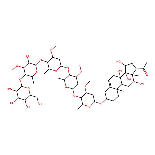 2D Structure of 1-[(3S,8S,9R,10R,12R,13S,14S,15R,17R)-8,12,14,15-tetrahydroxy-3-[(2R,4S,5R,6R)-5-[(2S,4S,5R,6R)-5-[(2S,4R,5R,6R)-5-[(2S,3R,4R,5R,6R)-3-hydroxy-4-methoxy-6-methyl-5-[(2S,3R,4S,5S,6R)-3,4,5-trihydroxy-6-(hydroxymethyl)oxan-2-yl]oxyoxan-2-yl]oxy-4-methoxy-6-methyloxan-2-yl]oxy-4-methoxy-6-methyloxan-2-yl]oxy-4-methoxy-6-methyloxan-2-yl]oxy-10,13-dimethyl-2,3,4,7,9,11,12,15,16,17-decahydro-1H-cyclopenta[a]phenanthren-17-yl]ethanone