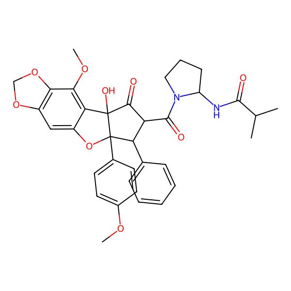 2D Structure of N-[1-[10-hydroxy-8-methoxy-14-(4-methoxyphenyl)-11-oxo-13-phenyl-4,6,15-trioxatetracyclo[7.6.0.03,7.010,14]pentadeca-1,3(7),8-triene-12-carbonyl]pyrrolidin-2-yl]-2-methylpropanamide