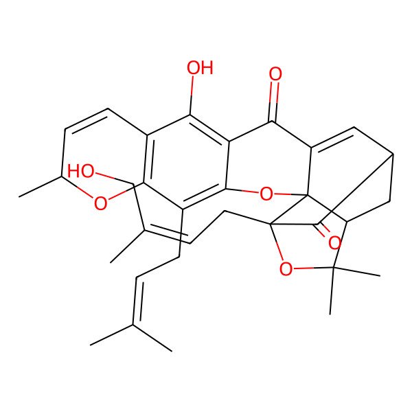 2D Structure of 12-Hydroxy-19-(4-hydroxy-3-methylbut-2-enyl)-8,21,21-trimethyl-5-(3-methylbut-2-enyl)-3,7,20-trioxahexacyclo[15.4.1.02,15.02,19.04,13.06,11]docosa-4(13),5,9,11,15-pentaene-14,18-dione