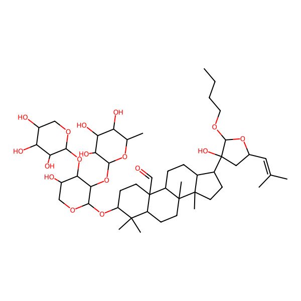 2D Structure of (3S,5S,8R,9S,10S,13R,14R,17S)-17-[(2R,3R,5S)-2-butoxy-3-hydroxy-5-(2-methylprop-1-enyl)oxolan-3-yl]-3-[(2S,3R,4S,5S)-5-hydroxy-3-[(2S,3R,4R,5R,6S)-3,4,5-trihydroxy-6-methyloxan-2-yl]oxy-4-[(2S,3R,4S,5R)-3,4,5-trihydroxyoxan-2-yl]oxyoxan-2-yl]oxy-4,4,8,14-tetramethyl-2,3,5,6,7,9,11,12,13,15,16,17-dodecahydro-1H-cyclopenta[a]phenanthrene-10-carbaldehyde