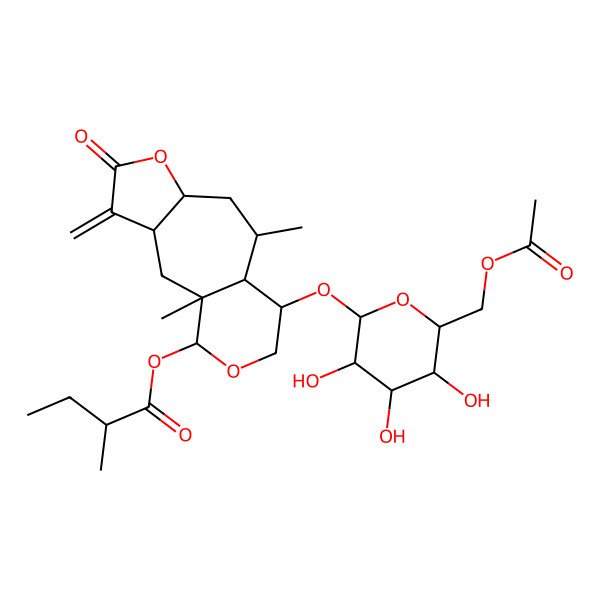 2D Structure of [11-[6-(Acetyloxymethyl)-3,4,5-trihydroxyoxan-2-yl]oxy-1,9-dimethyl-4-methylidene-5-oxo-6,13-dioxatricyclo[8.4.0.03,7]tetradecan-14-yl] 2-methylbutanoate
