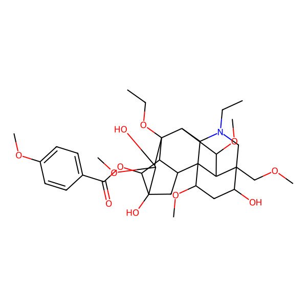2D Structure of [(2R,3R,5R,6S,8R,10R,17S)-8-ethoxy-11-ethyl-5,7,14-trihydroxy-6,16,18-trimethoxy-13-(methoxymethyl)-11-azahexacyclo[7.7.2.12,5.01,10.03,8.013,17]nonadecan-4-yl] 4-methoxybenzoate