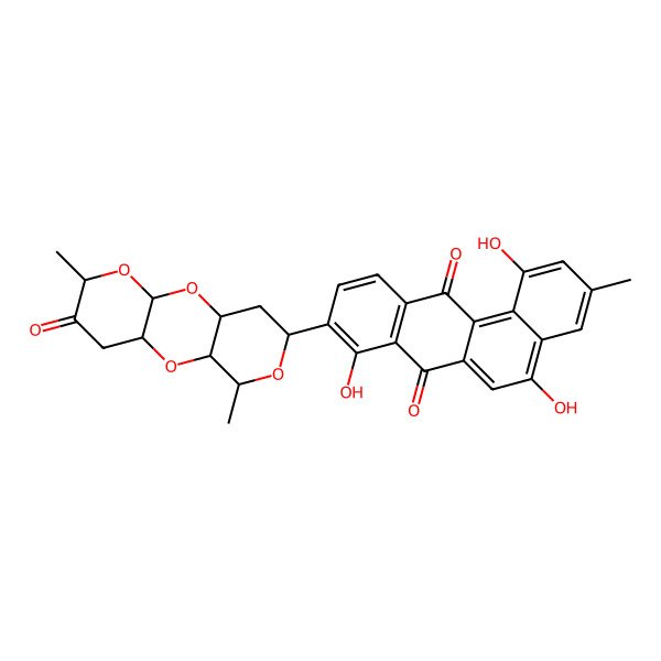 2D Structure of 9-[(1R,5R,10R,11R,13S)-5,11-dimethyl-6-oxo-2,4,9,12-tetraoxatricyclo[8.4.0.03,8]tetradecan-13-yl]-1,5,8-trihydroxy-3-methylbenzo[a]anthracene-7,12-dione