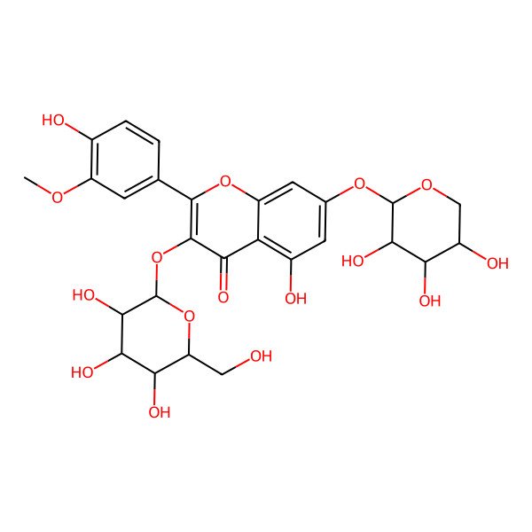 2D Structure of 5-hydroxy-2-(4-hydroxy-3-methoxyphenyl)-3-[(2S,3R,4R,5S,6R)-3,4,5-trihydroxy-6-(hydroxymethyl)oxan-2-yl]oxy-7-[(2R,3S,4S,5S)-3,4,5-trihydroxyoxan-2-yl]oxychromen-4-one
