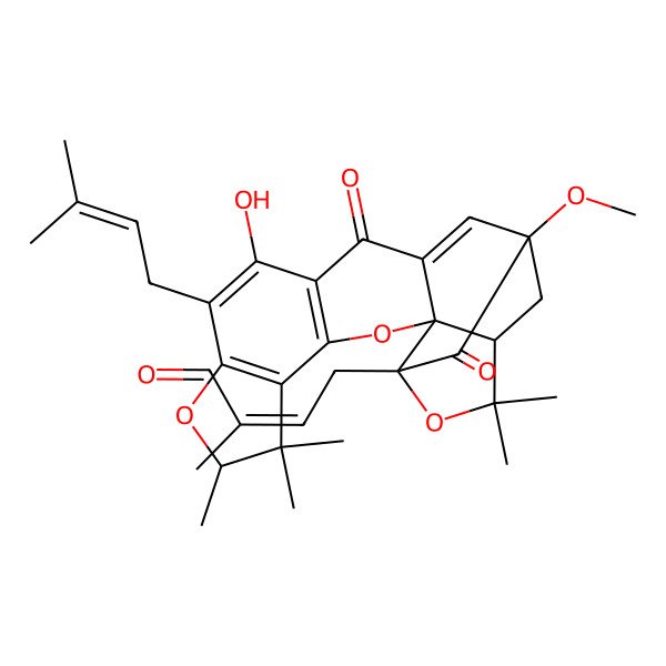 2D Structure of 4-[11-Hydroxy-16-methoxy-6,6,7,20,20-pentamethyl-10-(3-methylbut-2-enyl)-13,17-dioxo-3,8,19-trioxahexacyclo[14.4.1.02,14.02,18.04,12.05,9]henicosa-4(12),5(9),10,14-tetraen-18-yl]-2-methylbut-2-enal