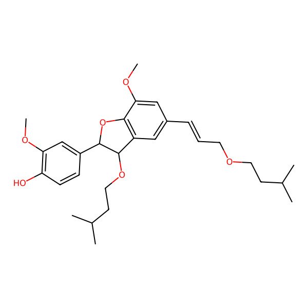 2D Structure of 2-Methoxy-4-[7-methoxy-3-(3-methylbutoxy)-5-[3-(3-methylbutoxy)prop-1-enyl]-2,3-dihydro-1-benzofuran-2-yl]phenol
