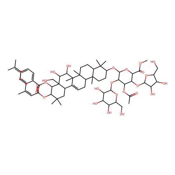 2D Structure of Methyl 4-acetyloxy-6-[[9-benzoyloxy-10-(3,7-dimethylocta-2,6-dienoyloxy)-7,8-dihydroxy-8a-(hydroxymethyl)-4,4,6a,6b,11,11,14b-heptamethyl-1,2,3,4a,5,6,7,8,9,10,12,12a,14,14a-tetradecahydropicen-3-yl]oxy]-3-[3,4-dihydroxy-5-(hydroxymethyl)oxolan-2-yl]oxy-5-[3,4,5-trihydroxy-6-(hydroxymethyl)oxan-2-yl]oxyoxane-2-carboxylate