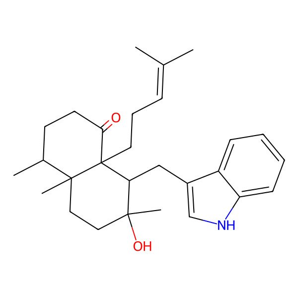2D Structure of 7-hydroxy-8-(1H-indol-3-ylmethyl)-4,4a,7-trimethyl-8a-(4-methylpent-3-enyl)-2,3,4,5,6,8-hexahydronaphthalen-1-one