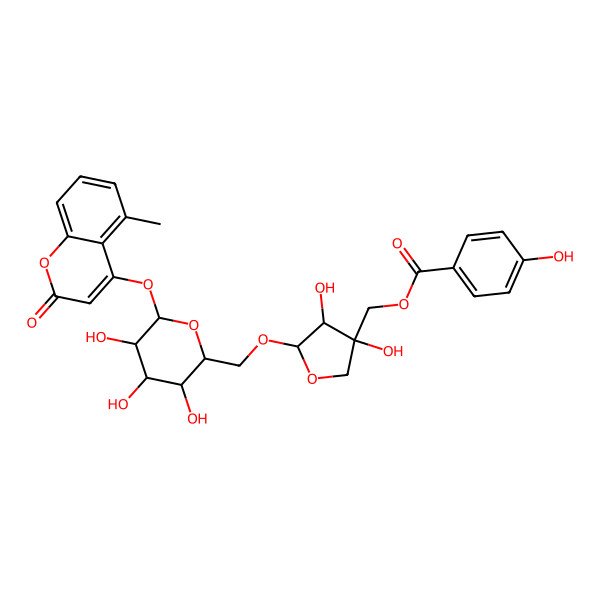 2D Structure of [3,4-Dihydroxy-5-[[3,4,5-trihydroxy-6-(5-methyl-2-oxochromen-4-yl)oxyoxan-2-yl]methoxy]oxolan-3-yl]methyl 4-hydroxybenzoate