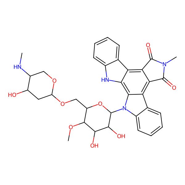 2D Structure of 3-[(2R,3S,4R,5S,6R)-3,4-dihydroxy-6-[[(2S,4S,5S)-4-hydroxy-5-(methylamino)oxan-2-yl]oxymethyl]-5-methoxyoxan-2-yl]-13-methyl-3,13,23-triazahexacyclo[14.7.0.02,10.04,9.011,15.017,22]tricosa-1,4,6,8,10,15,17,19,21-nonaene-12,14-dione